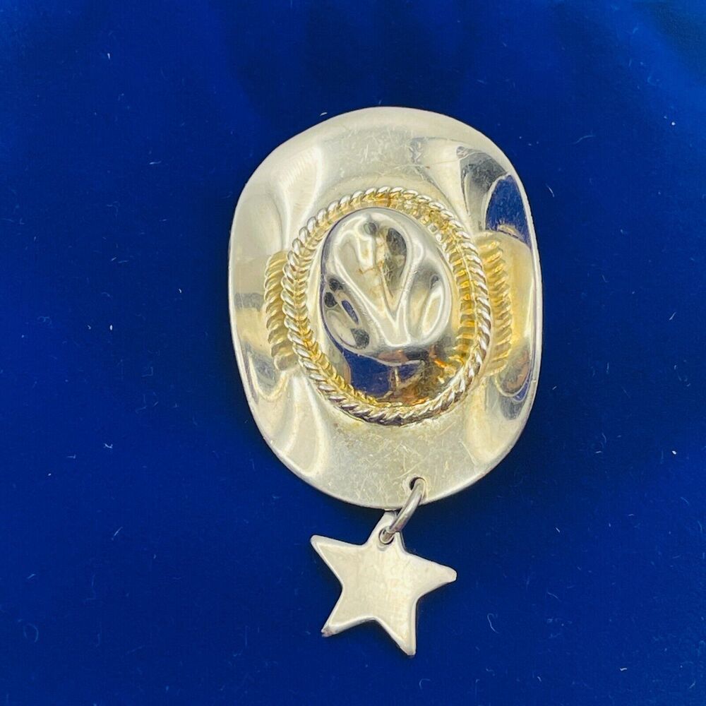 Taxco Mexico Cowboy Hat Dangle Star Mexico 925 Sterling Silver Pin 1.94" TR-97